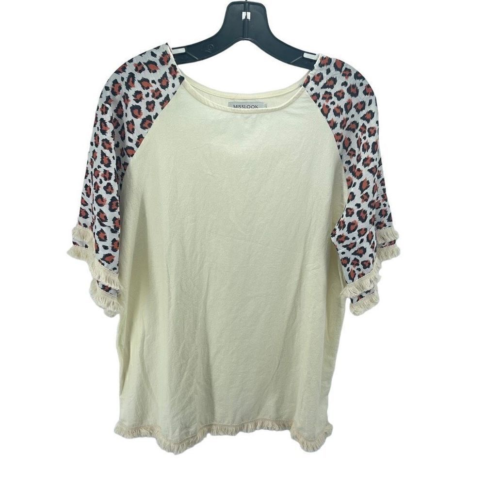 Misslook Womens Top Blouse Animal Print Shirt Frayed Sleeve Beige Brown Large